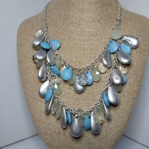 Necklace Metal Blue Silver Clear on a chain 20"